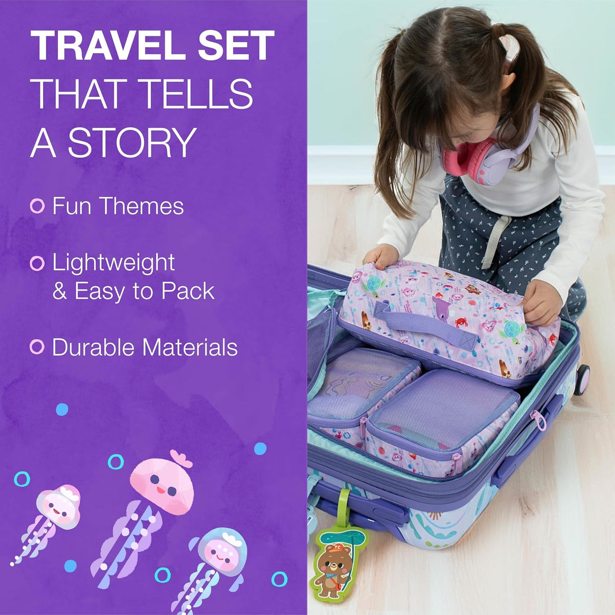 Traveler's Choice Kids JoJo the Bear's Travel Adventure, Under the Sea, 6-Piece Set (Carry-on, Packing Cubes, Luggage Tag)