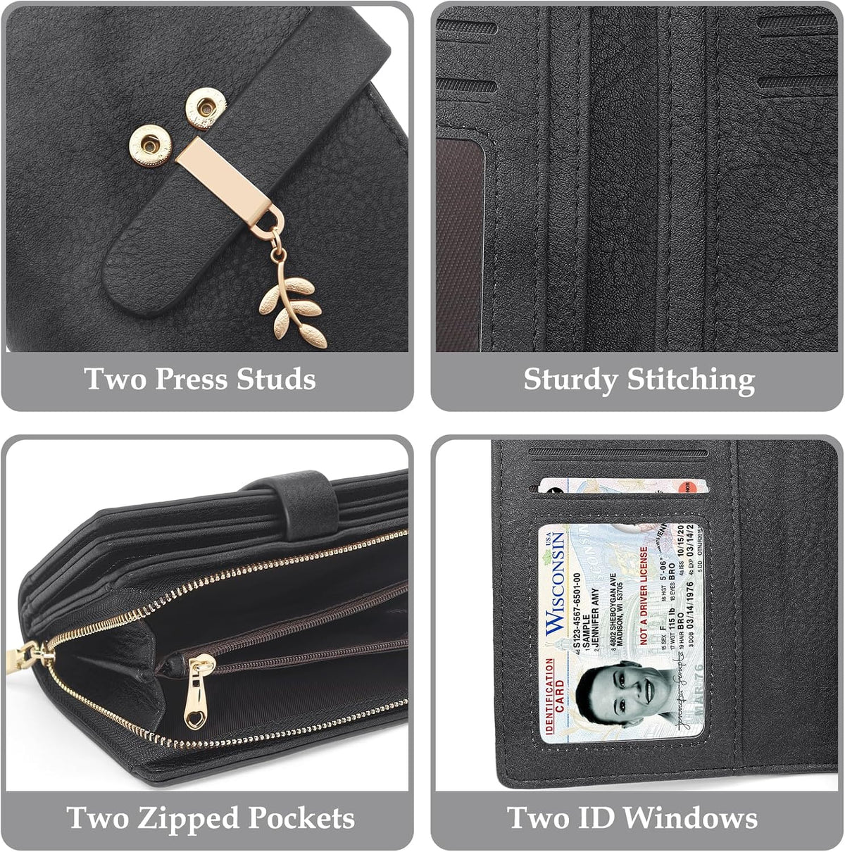 RFID Blocking Trifold Wallet for Women PU Leather Credit Card Holder Black
