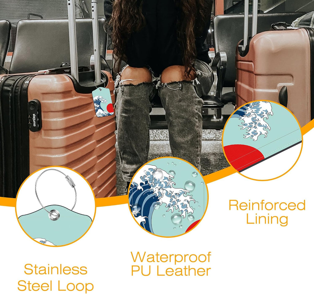3 Pack PU Leather Luggage Tag for Suitcase Japanese Ocean Wave Suitcase Tags with Privacy Name ID Label and Stainless Steel Loop for Travel Bag