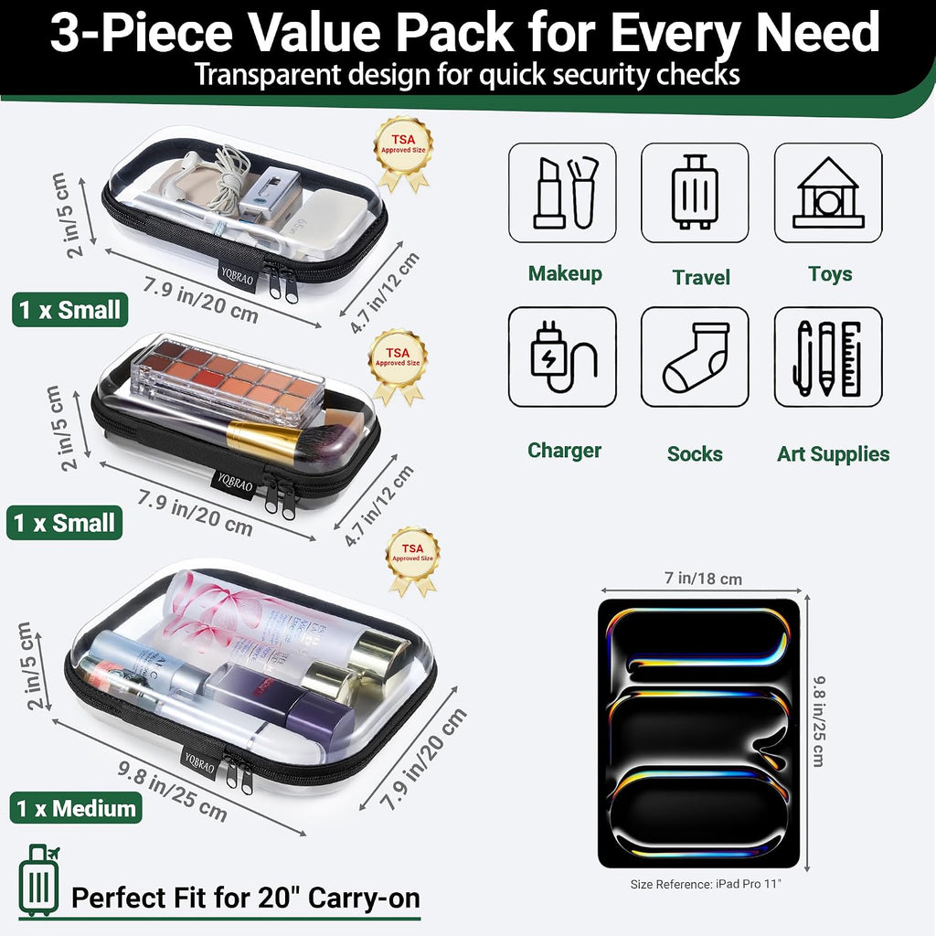 YQBRAO 3-Piece Clear Hard Shell Zipper Case Set, 1M 2S, Black