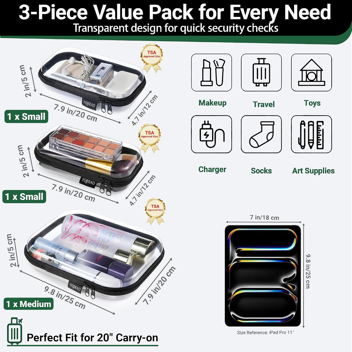 YQBRAO 3-Piece Clear Hard Shell Zipper Case Set, 1M 2S, Black