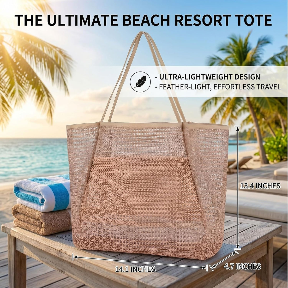 Beach Bag with Mini Pocket, Large Foldable Mesh Tote for Women, Lightweight & Travel Bag for Vacation & Outdoor
