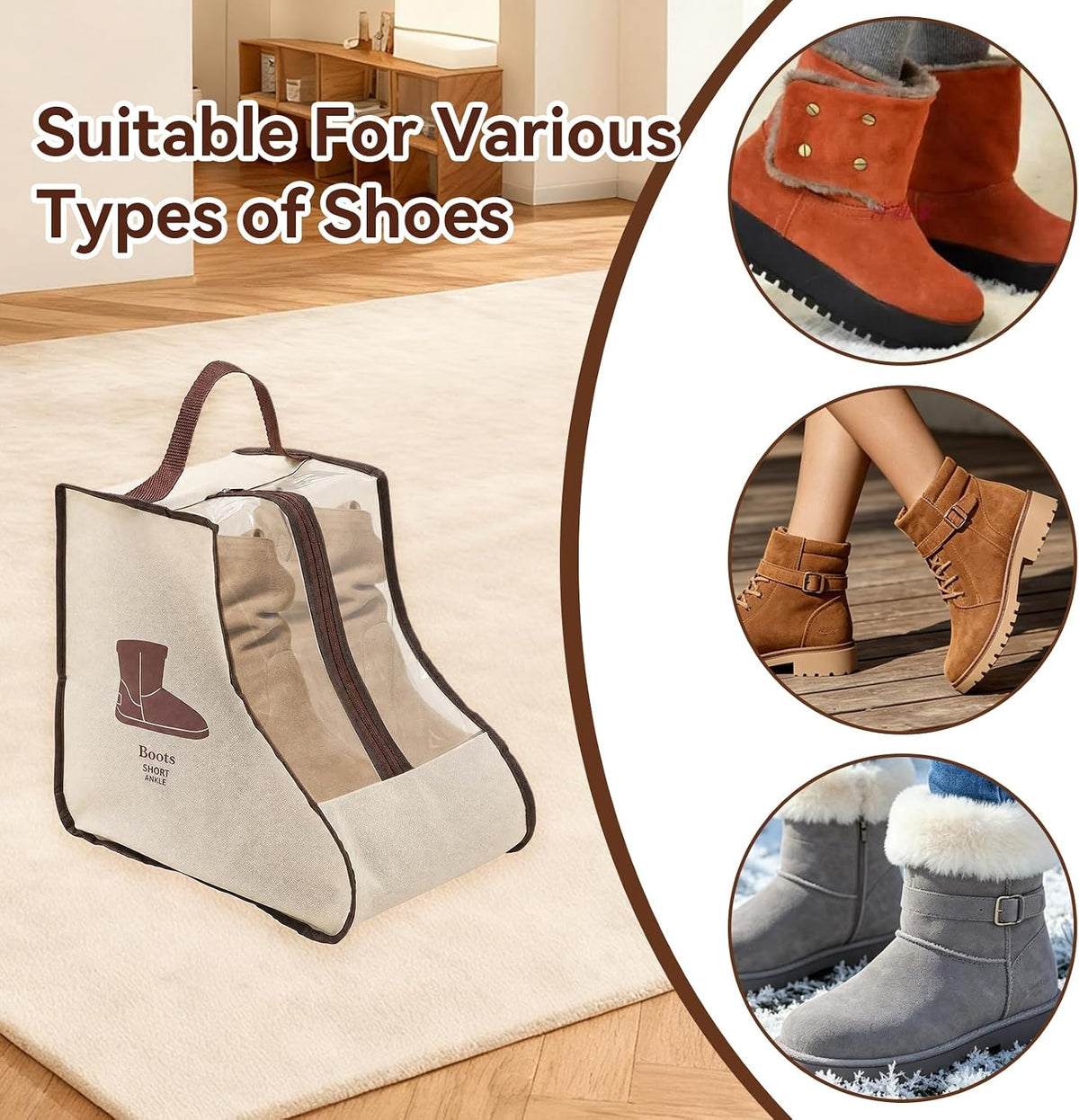 Tall Boot Storage Bag Organizer for Closet and Travel, Portable Dustproof Bags for Cowboy (2 Pcs Beige Short Boot)