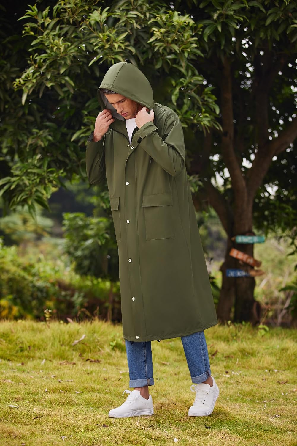 COOFANDY Long Rain Coats for Men Waterproof Trench Jacket with Hood