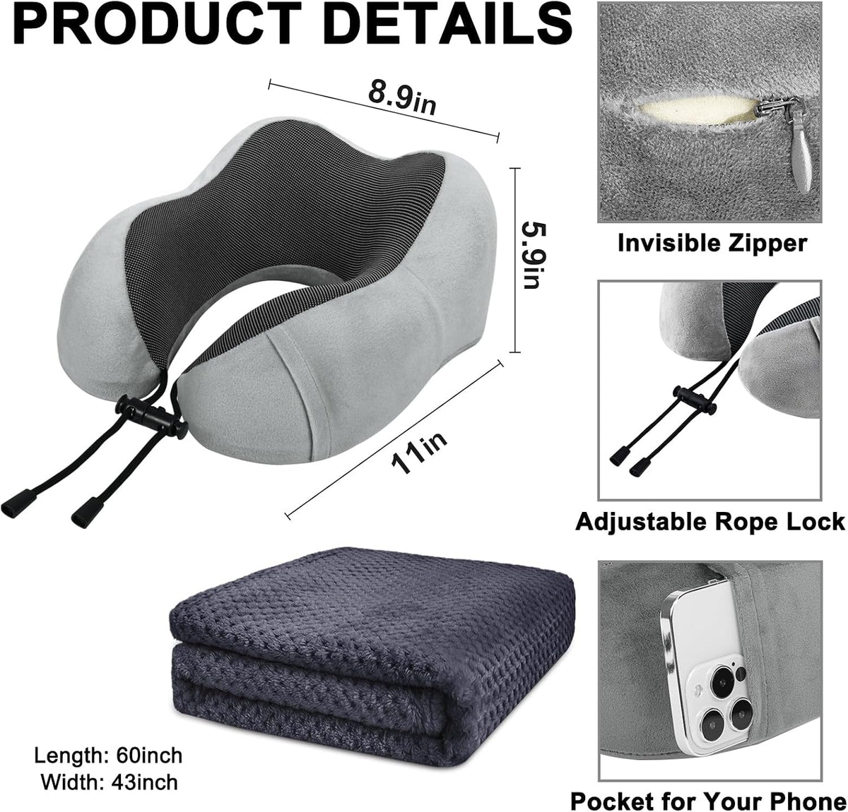 urnexttour Travel Pillow and Blanket Set Neck Pillow Airplane Memory Grey