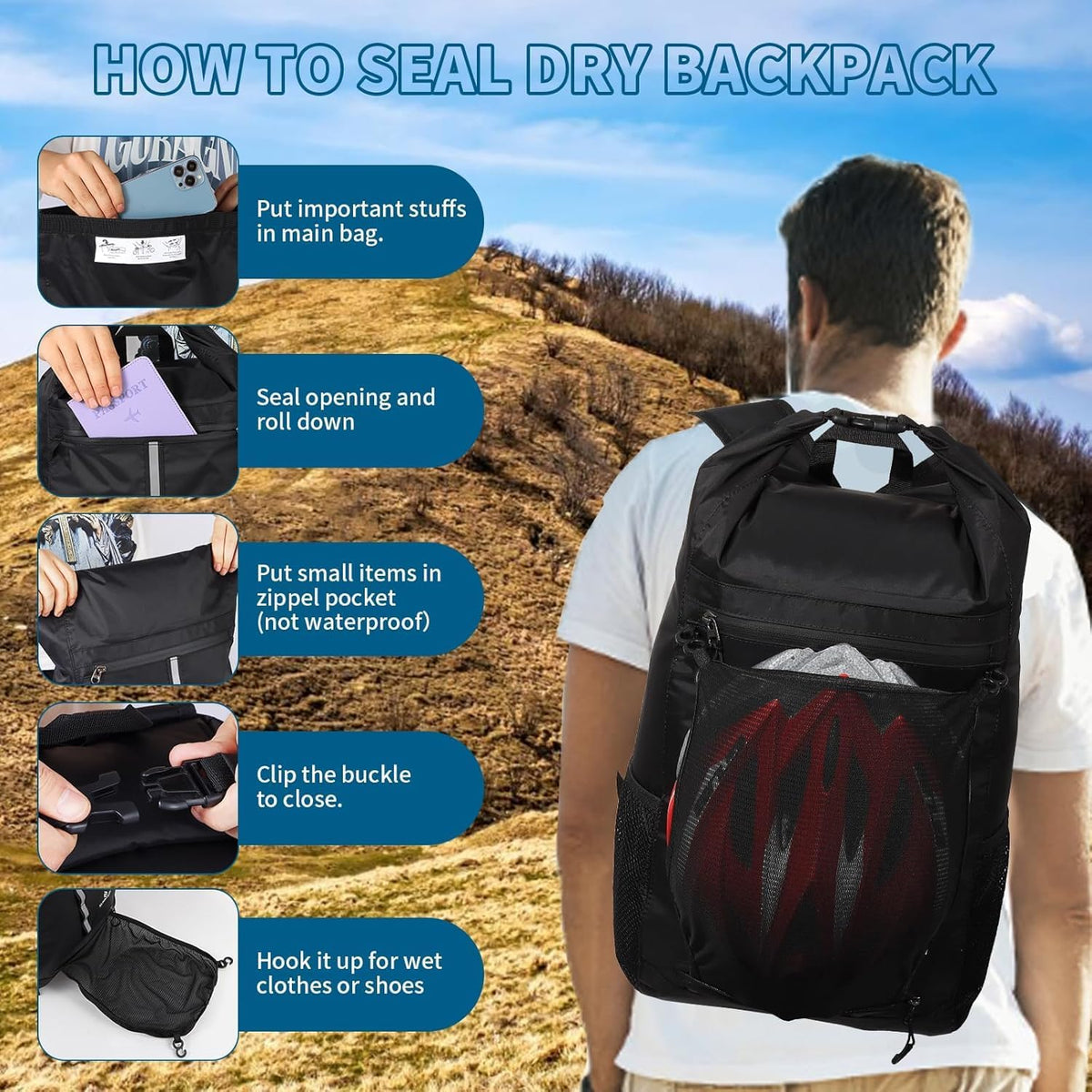 Drybag backpack waterproof, IPX68 100% Waterproof Dry Bag Backpack with Roll-Top Sealed Design, Keeps Gear Dry for Canoe, Kayaking, Water Sports Vacation, Rafting Travel & Surfing (WL011Black)