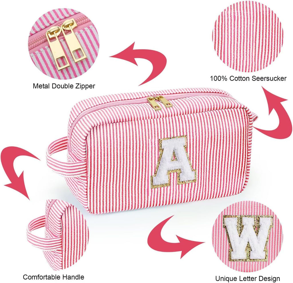 YOOLIFE Initial Makeup Bag for Women - Monogram Cute Makeup Bag Cosmetic Case Toiletry Pouch for Women Her Best Friend Sister Teacher, Personalized Birthday Gifts for Women, Pink V