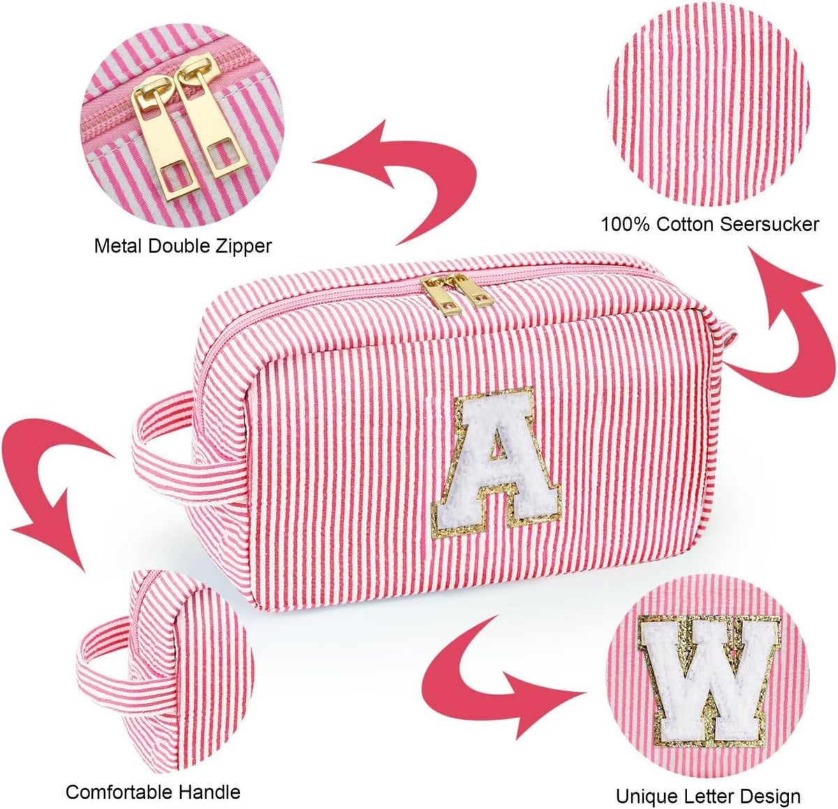 YOOLIFE Initial Makeup Bag, Birthday Gifts for Women Girls, Pink A