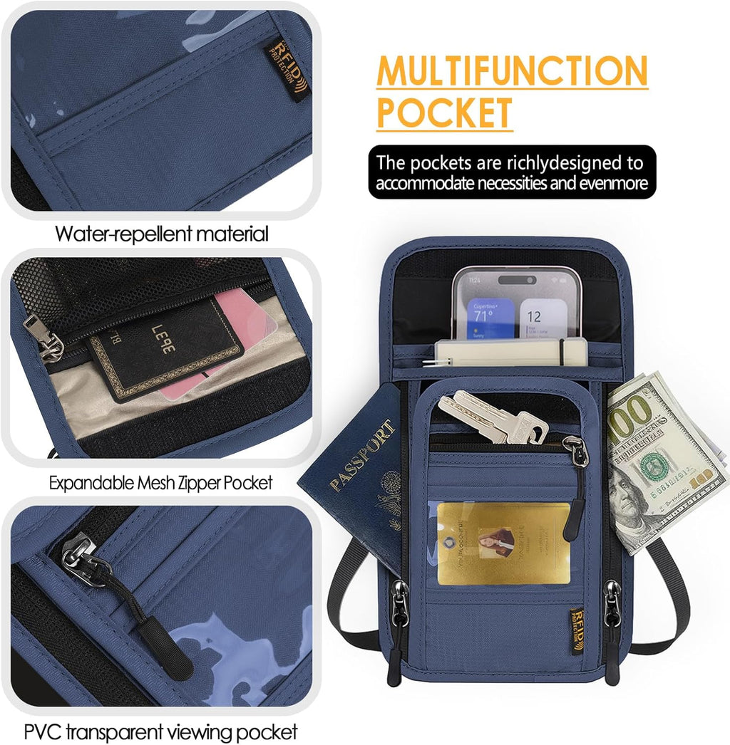 Travel Neck Wallet RFID Blocking – Hidden Passport Holder & Anti-Theft Money Pouch for Men & Women, Lightweight Concealed Undergarment Organizer with Adjustable Strap, Secure Document Holder