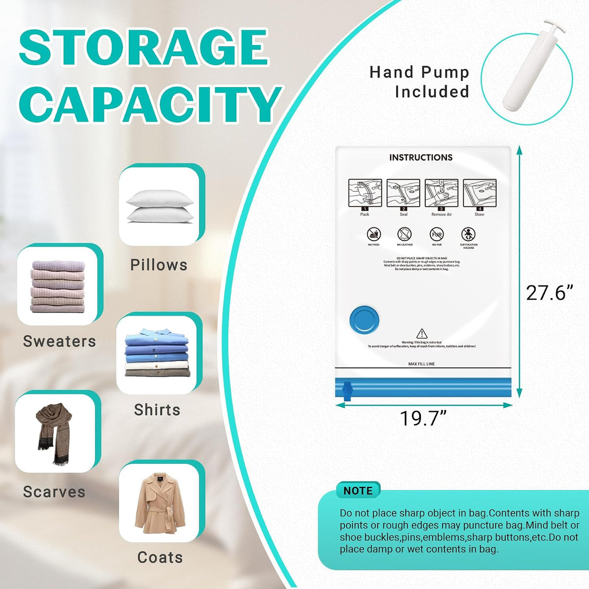 10 Pack Medium Vacuum Storage Bags Seal Bags for Bedding Clothing Compression Bags for Travel Blankets and Comforters Hand Pump Included