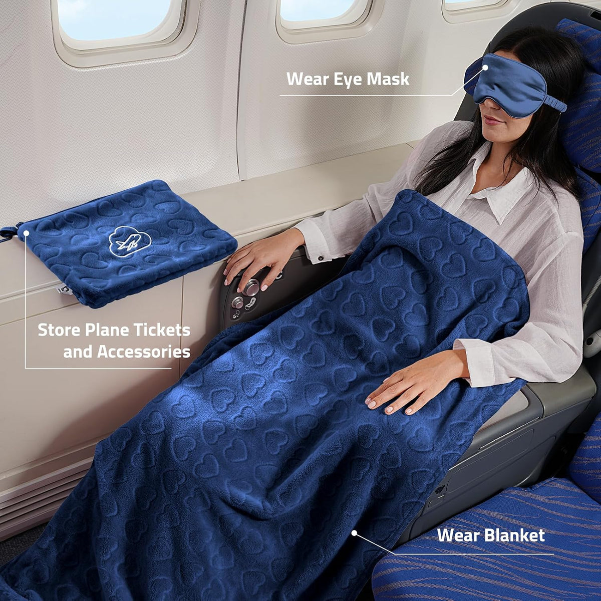 Travel Blanket, Airplane Blanket, Ultra-Soft, Warm & Lightweight, 65x40 in, Outdoor Blanket Essentials for Women, Men & Kids, Included Eye Mask, Luggage Sleeve & Backpack Clip Heart Navy Blue