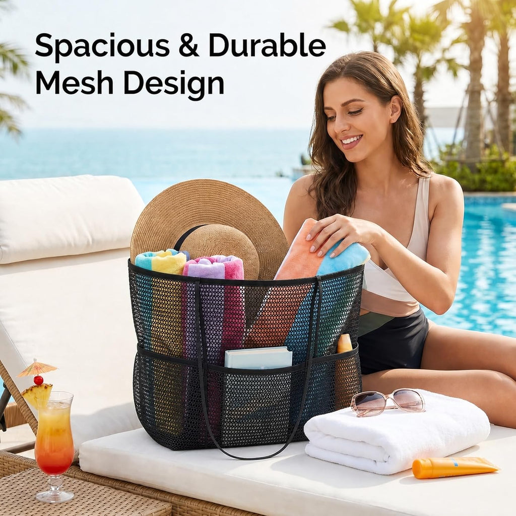Black Foldable Mesh Beach Tote, 5-Pocket Sand-Proof Travel Bag