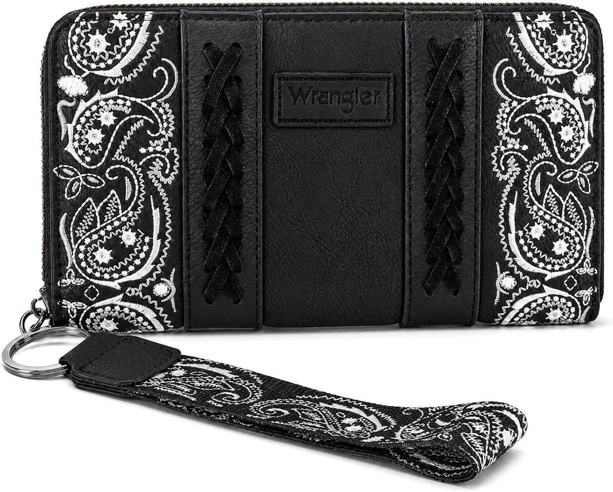 Montana West Wrangler Western Paisley Wristlet Wallet for Women, PU Leather Zip Around Clutch with RFID Blocking & Coin Pocket