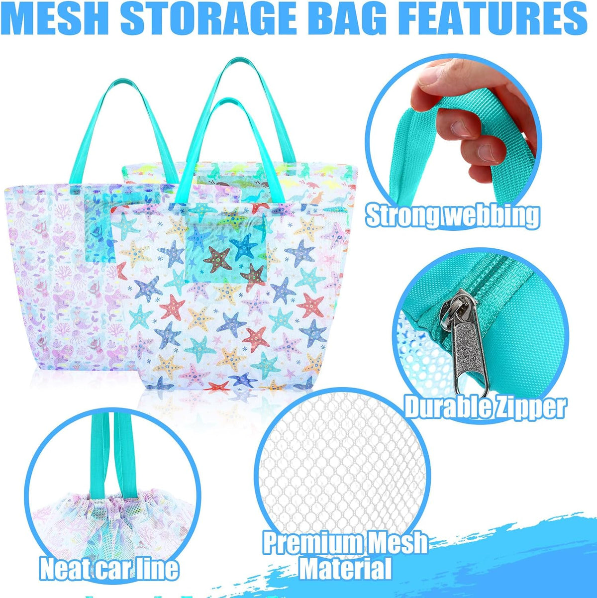 3 Pcs 3 Pcs Mesh Beach Bags Portable Mesh Shower Beach Toy Bag With Drawstring Extra Large Tote Hanging Toiletry Bath Organizer for Camping Swimming Gym Travel (Muti Color,Animal Style)