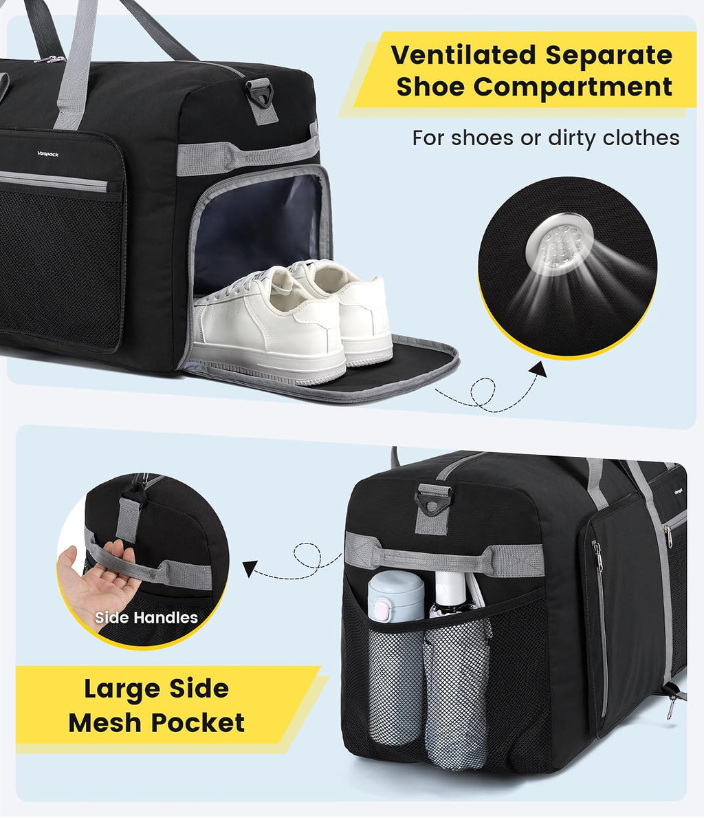 Vorspack 65L Foldable Duffle Bag for Travel with Shoe Compartment, Black