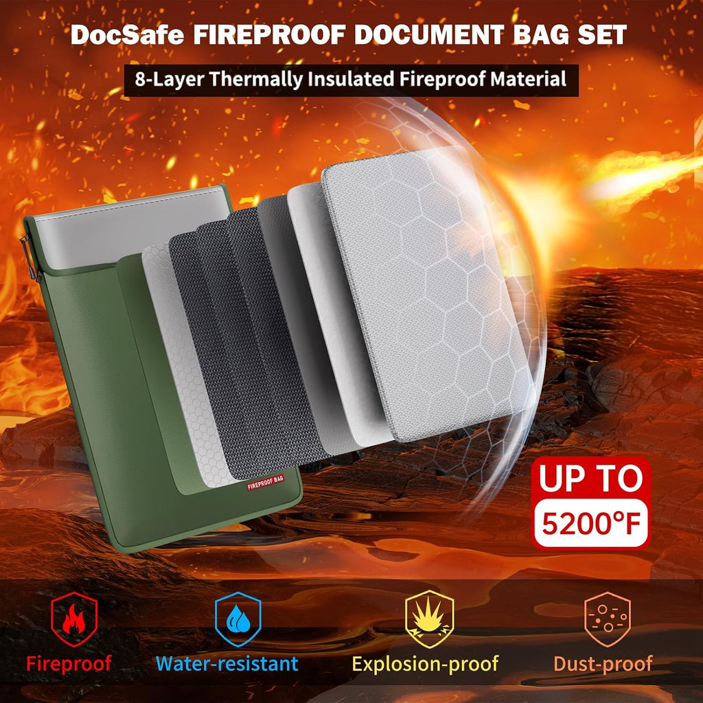 DocSafe Fireproof Document Bag (5200℉) with Fireproof Organizer Travel Case,Heat Insulated Fire＆Water Resistant 8 Layers Safe Money Bag Storage for Important Documents,Cash,Power Bank,Valuables,Green