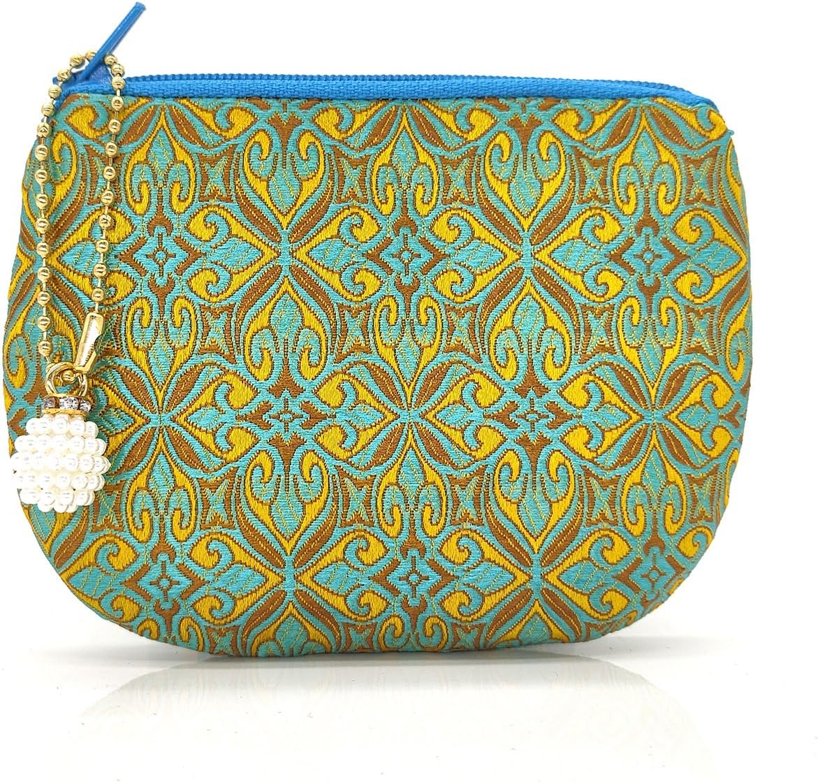 Handmade Rosary Pouch Women Coin Purse Silk Jewelry Bag Brocade Zipper Wallet - Yellow Aquamarine