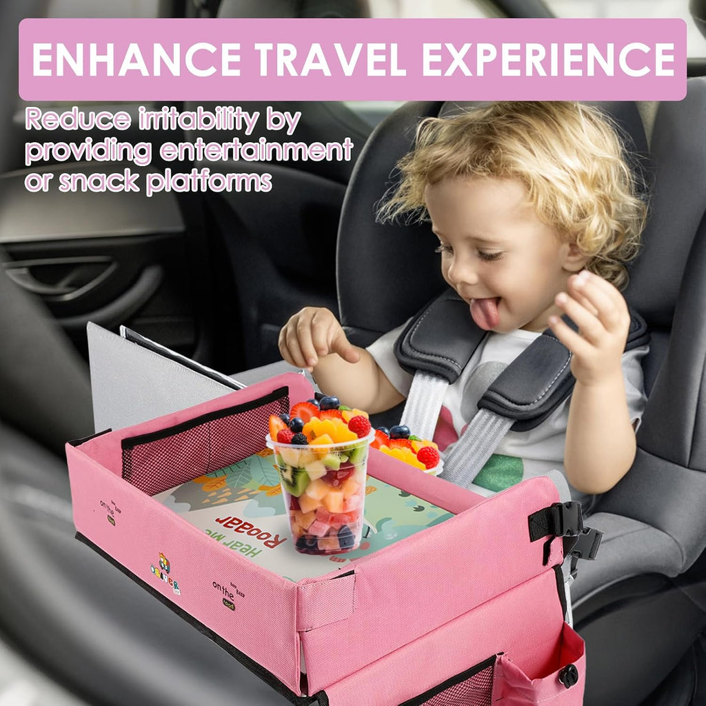 Kids Travel Tray for Toddler Car Seat, Toddler Car Seat Lap Tray, Car Seat Organizer Toddler, Car Lap Desk Table with Storage Pocket, Kids Active Eating Tray for Road Trip, Airplane, Stroller (PINK)