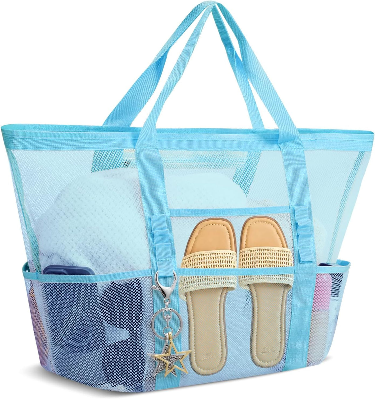Large Mesh Beach Bag for Women, Sandproof 9-Pocket Beach Tote Bag, Quick-Drying Pool Bag for Travel Vacation