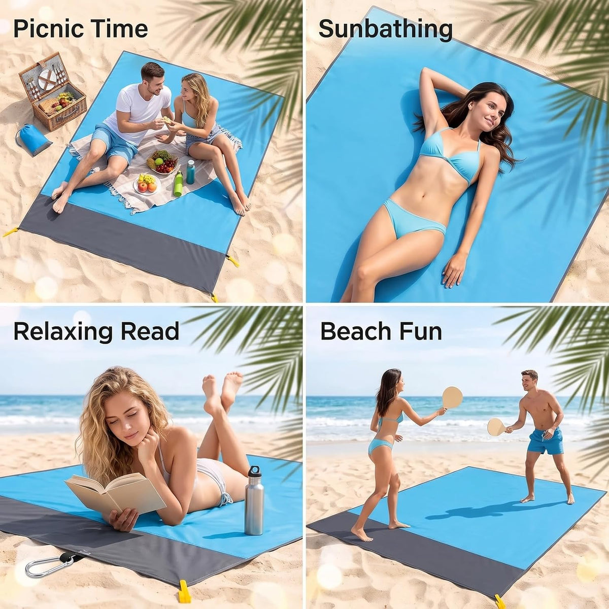 4-Piece Blue-Gray Color-Block Beach Blanket Waterproof Sandproof Set, Ripstop Polyester Mat with Stakes Carabiner, Lightweight Portable Outdoor Picnic Mat, Windproof Camping Essentials