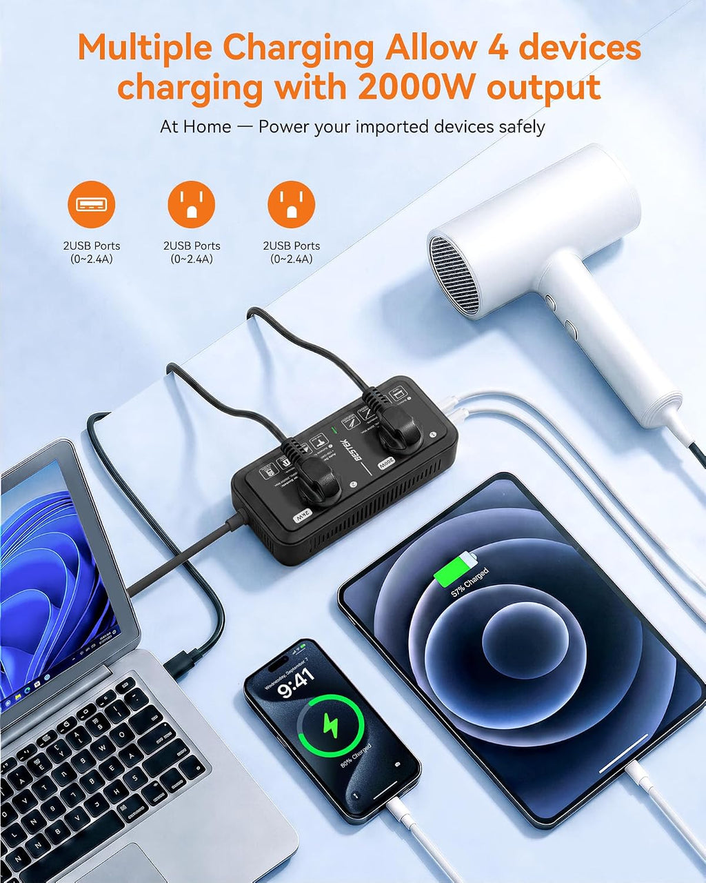 European Travel Plug Adapter 220V to 110V Voltage Converter US to Europe 2000W Travel Voltage Converter with 2 USB Ports for Hair Dryer/Curling Iron/Phone Travel Adapter for Europe Countries