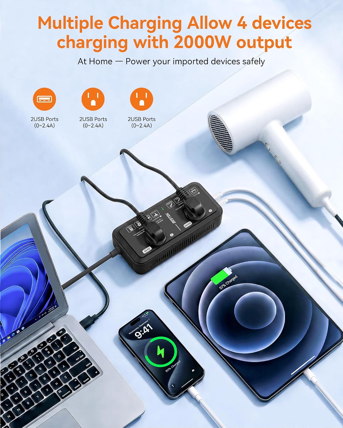 European Travel Plug Adapter 220V to 110V Voltage Converter US to Europe 2000W Travel Voltage Converter with 2 USB Ports for Hair Dryer/Curling Iron/Phone Travel Adapter for Europe Countries