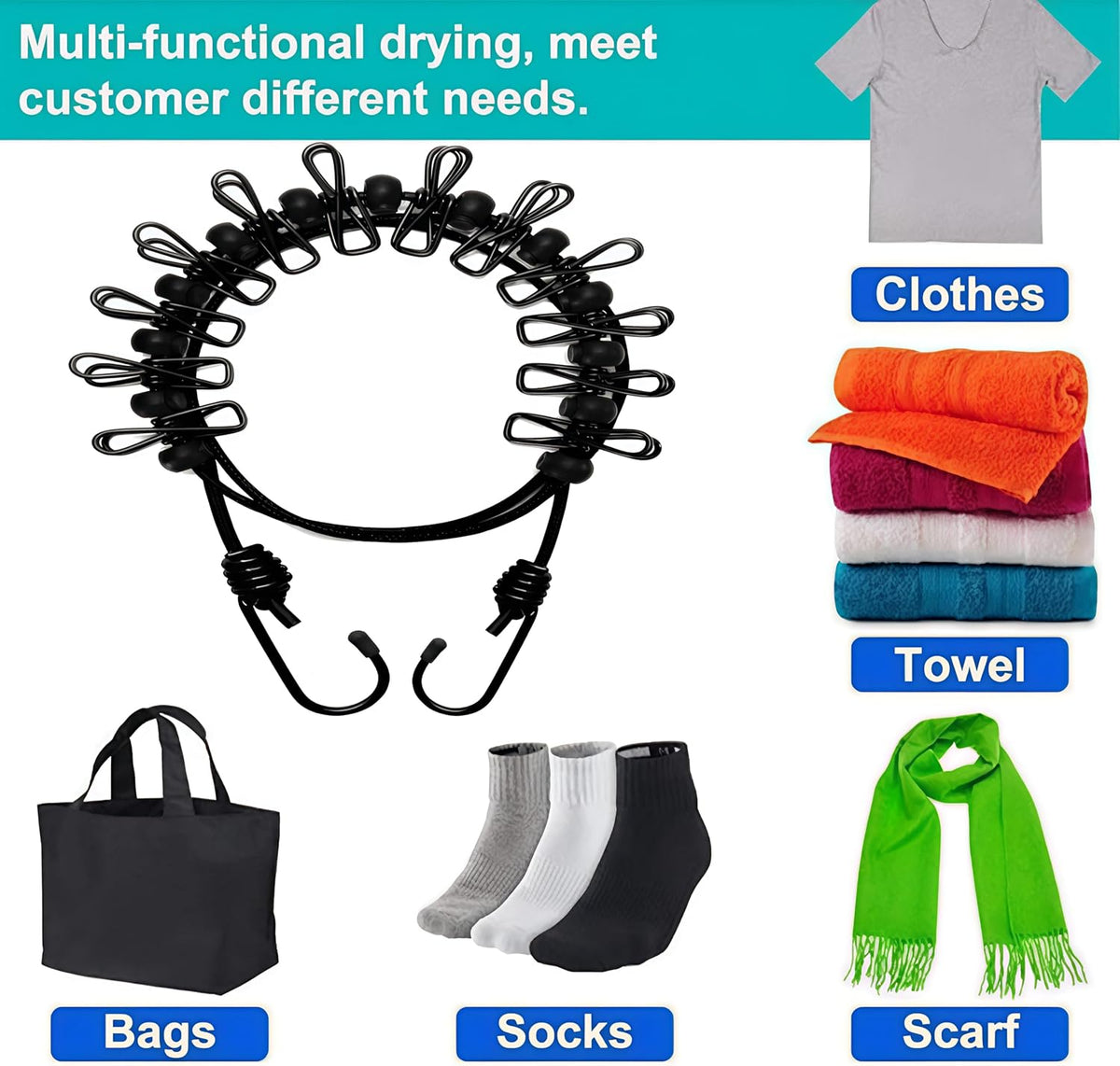 1 Pack Portable Clothesline with 12 Clothespins, Travel Clothesline Stretchy Retractable Elastic Laundry Clothes Line for Backyard, Vacation Hotel, Balcony Clothes Drying Line (Black)