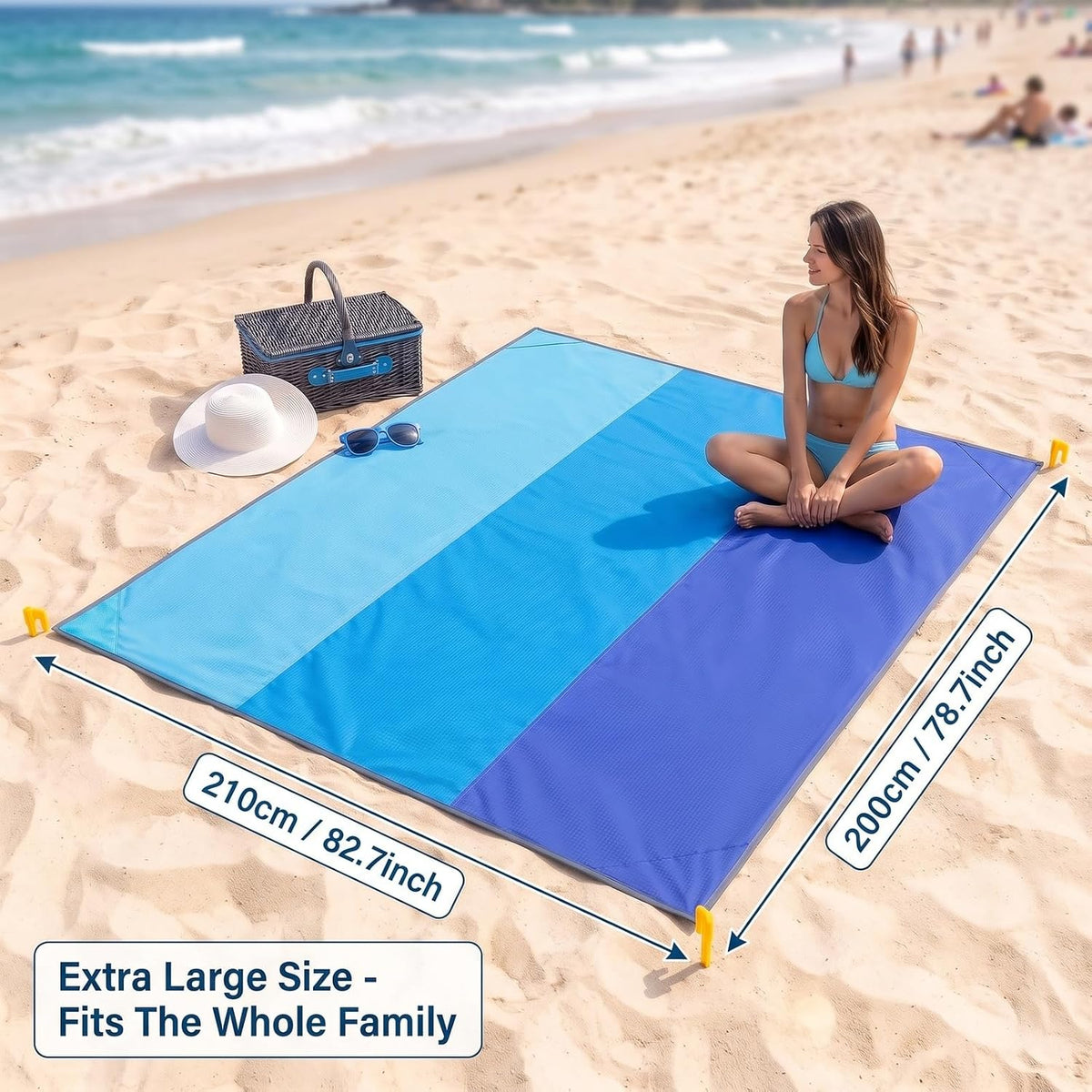 1 Pack Large Waterproof Sandproof Beach & Picnic Blanket, Tri-Color Gradient Polyester Mat, Complete Windproof Anchoring Kit, Lightweight Foldable Camping Gear, Essential Outdoor Accessory