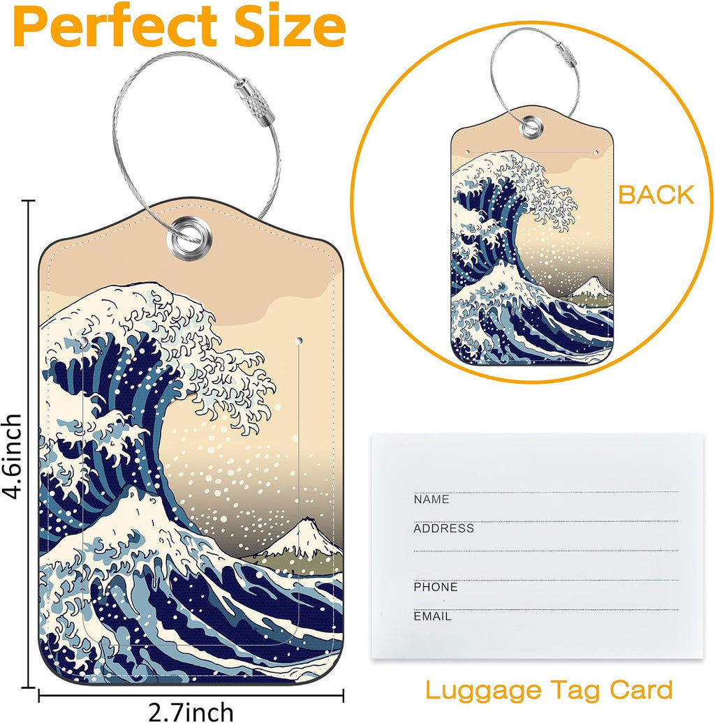 3 Pack PU Leather Luggage Tag for Suitcase Japanese Ocean Wave Suitcase Tags with Privacy Name ID Label and Stainless Steel Loop for Travel Bag