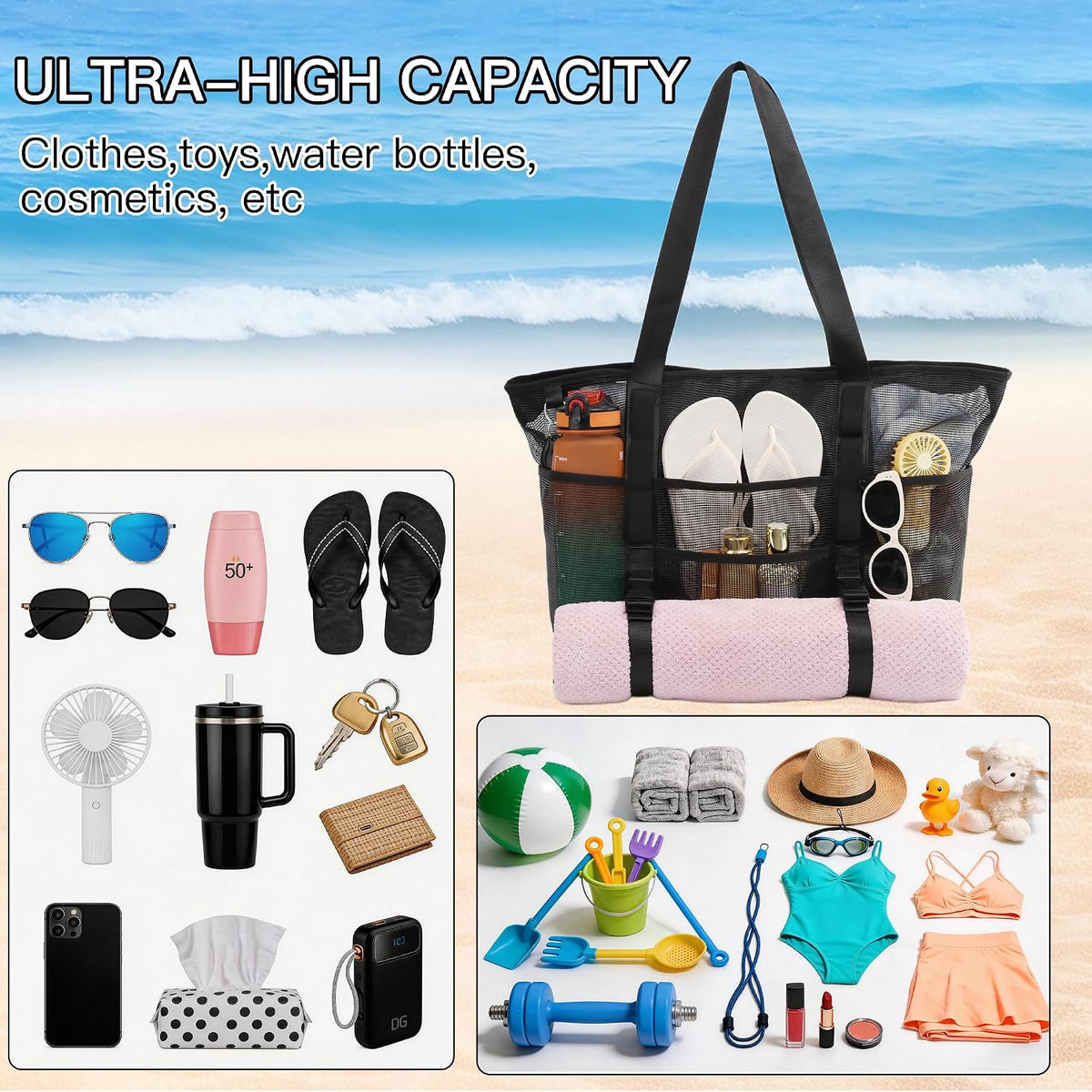 Large Mesh Beach Tote Bag with Top Zipper