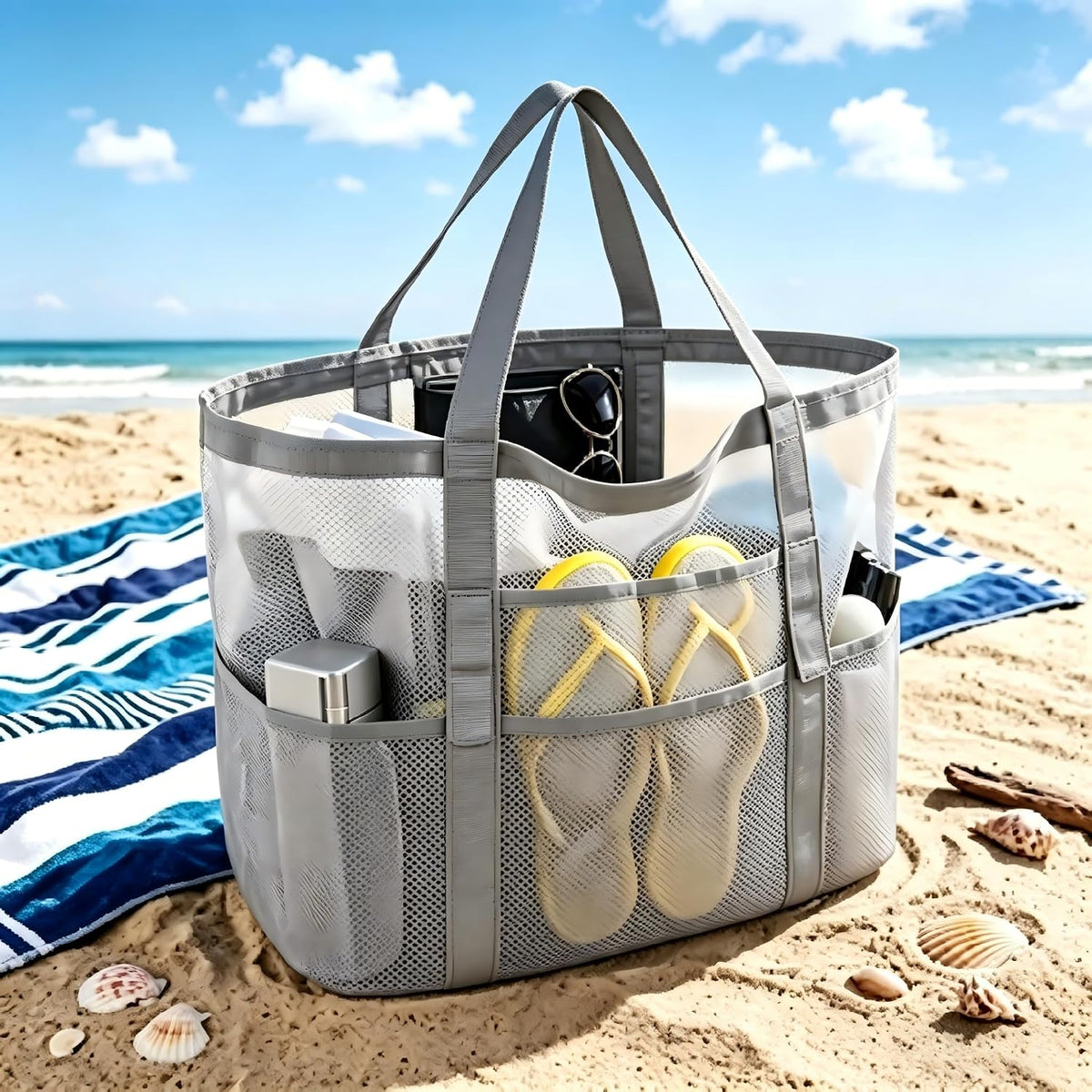 Mesh Beach Tote Bag with Zipper, Sandproof Large Beach Bag for Women, Lightweight Grocery Shopping Bag for Pool, Gym, Travel.