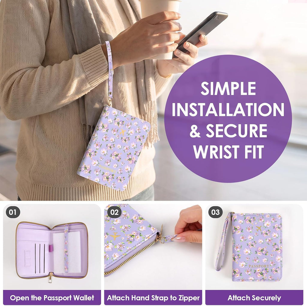 KONVINIT Purple Passport Holder For Travel, RFID Blocking Leather Passport Cover For Women, Cute Passport Wallet with Zipper Closure