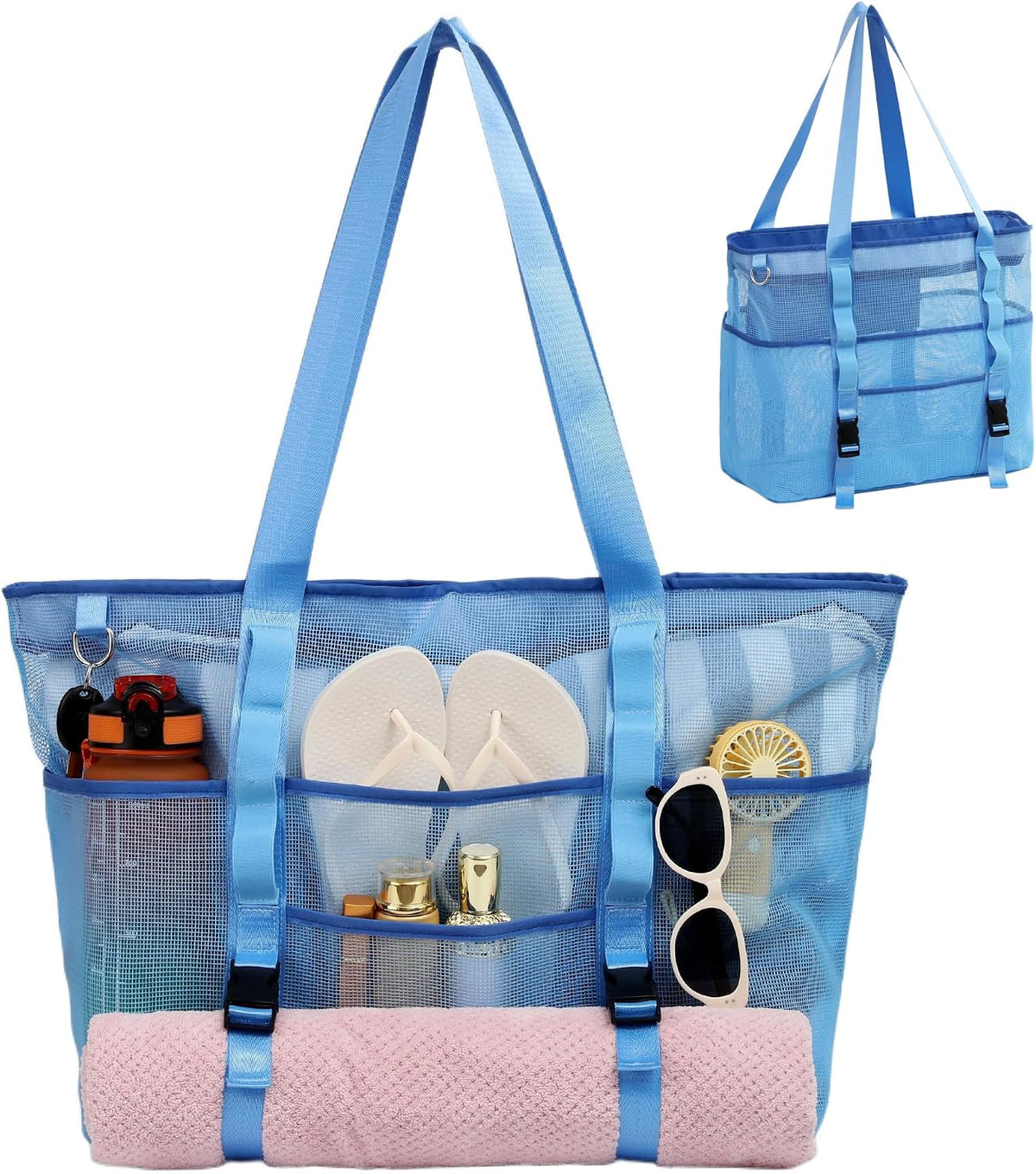 Large Mesh Beach Tote Bag with Top Zipper