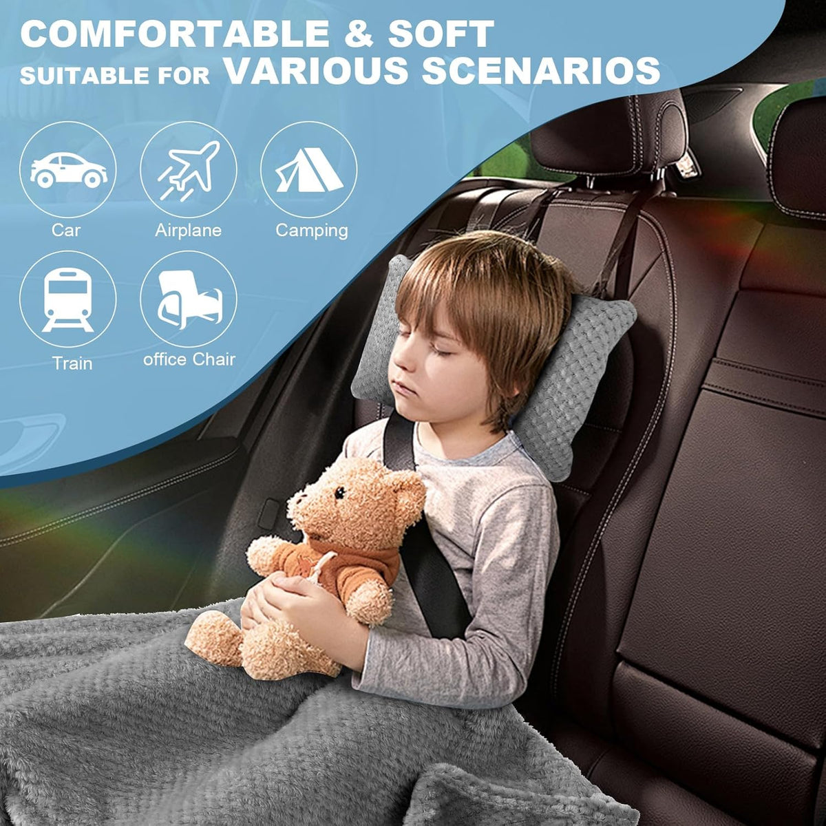 Travel Blanket Airplane Compact with Bag, Travel Essentials 3 in 1 Packable Airplane Blanket, Travel Pillow and Blanket Set, Inflatable Pillow, Luggage Sleeve & Backpack Clip (Light Grey)