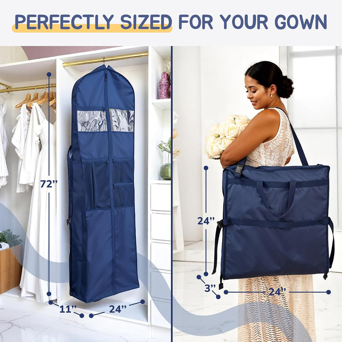 Wedding Dress Garment Bag 72" – Waterproof Trifold Travel Garment Bag for Bridal Gown with Shoulder Strap, Suitcase Sleeve & Accessory Pockets – Fits Full Skirts, Oxford Fabric, Carry Handle (Navy)