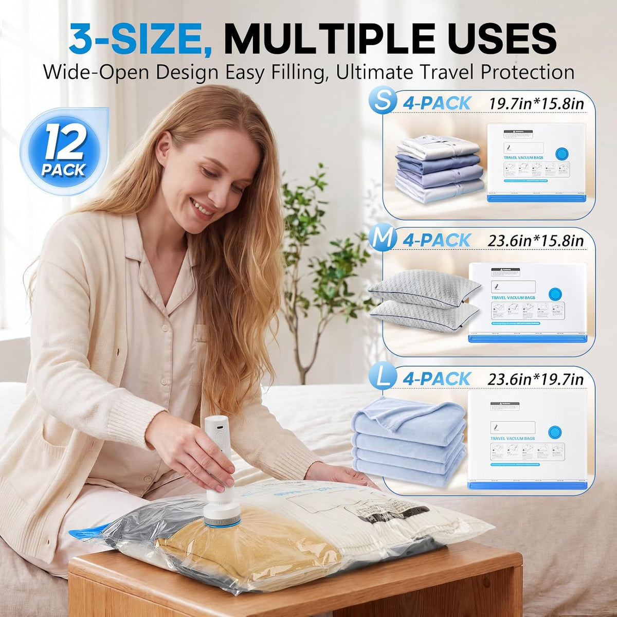 12 Combo Size Vacuum Storage Bags for Travel with Cordless Pump, Space Saver Bags for Clothes, Compression Packing Bags for Luggage,Blue