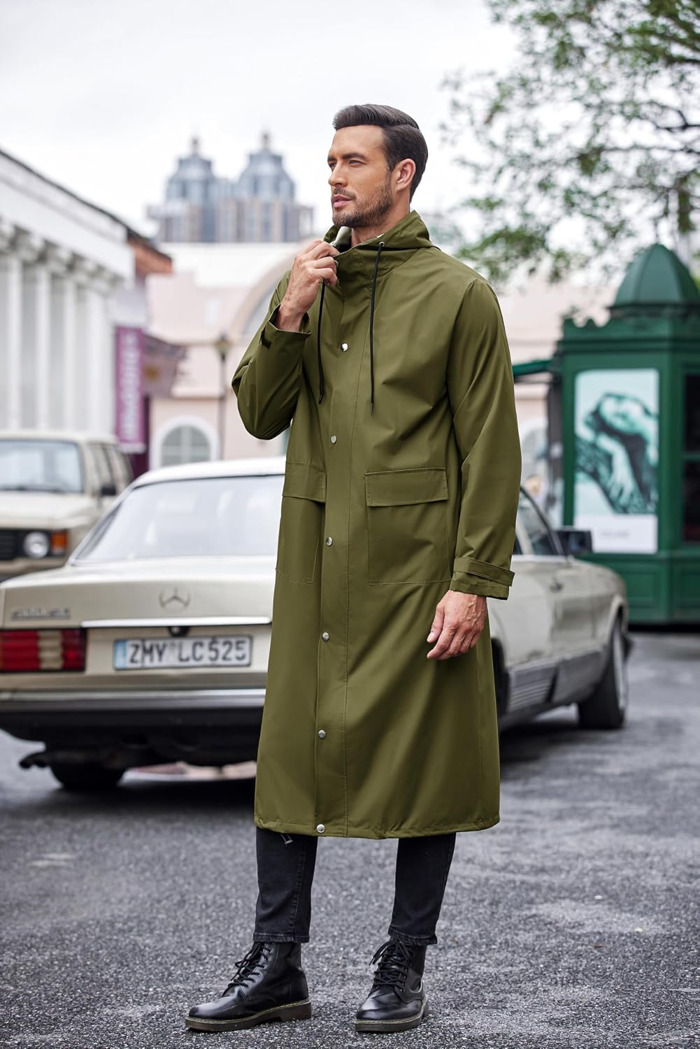 COOFANDY Long Rain Coats for Men Waterproof Trench Jacket with Hood