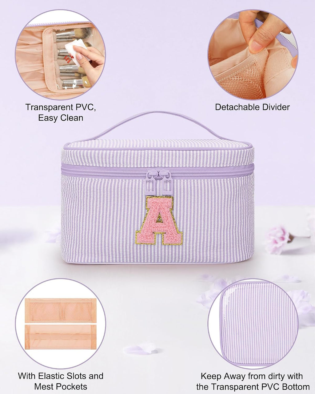 MONSTINA Personalized Initial Makeup Bag for Women Teen Girls, Purple G