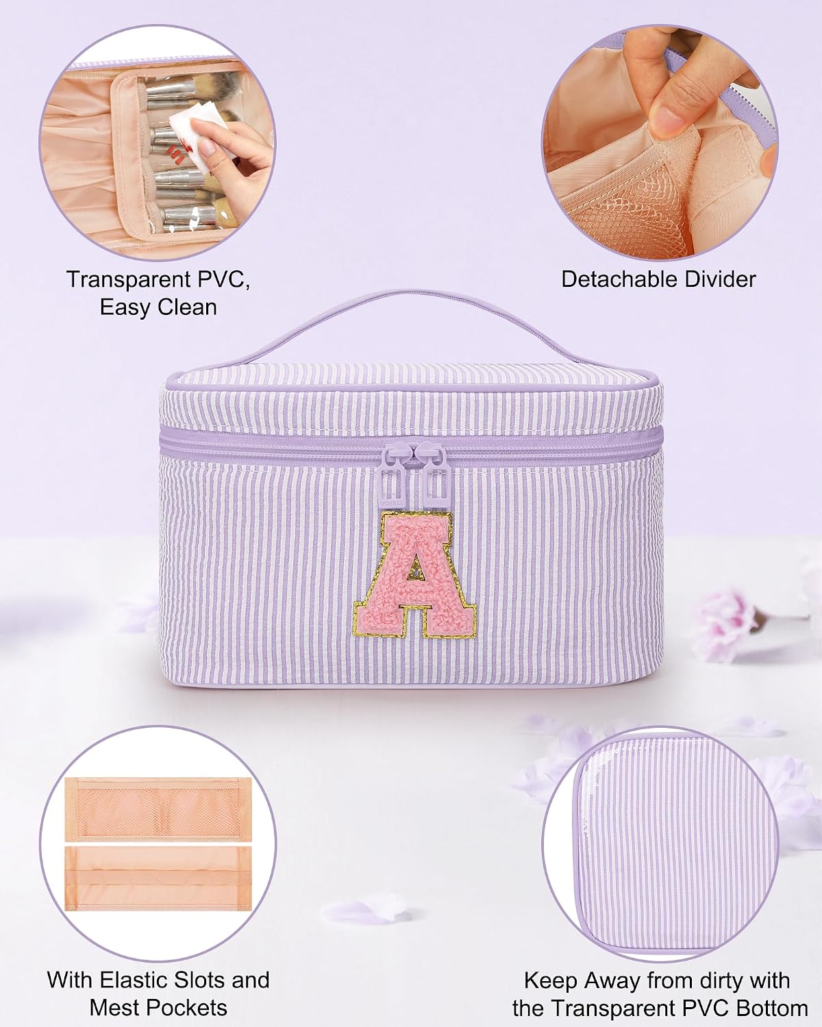 MONSTINA Personalized Initial Makeup Bag for Women Teen Girls, Purple D