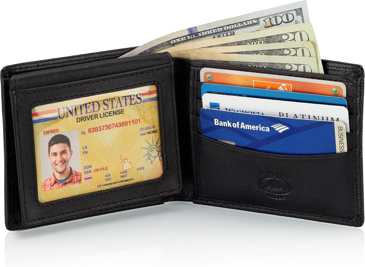 Stealth Mode Leather Bifold Wallet for Men With ID Window and RFID Blocking (Black Crunch)