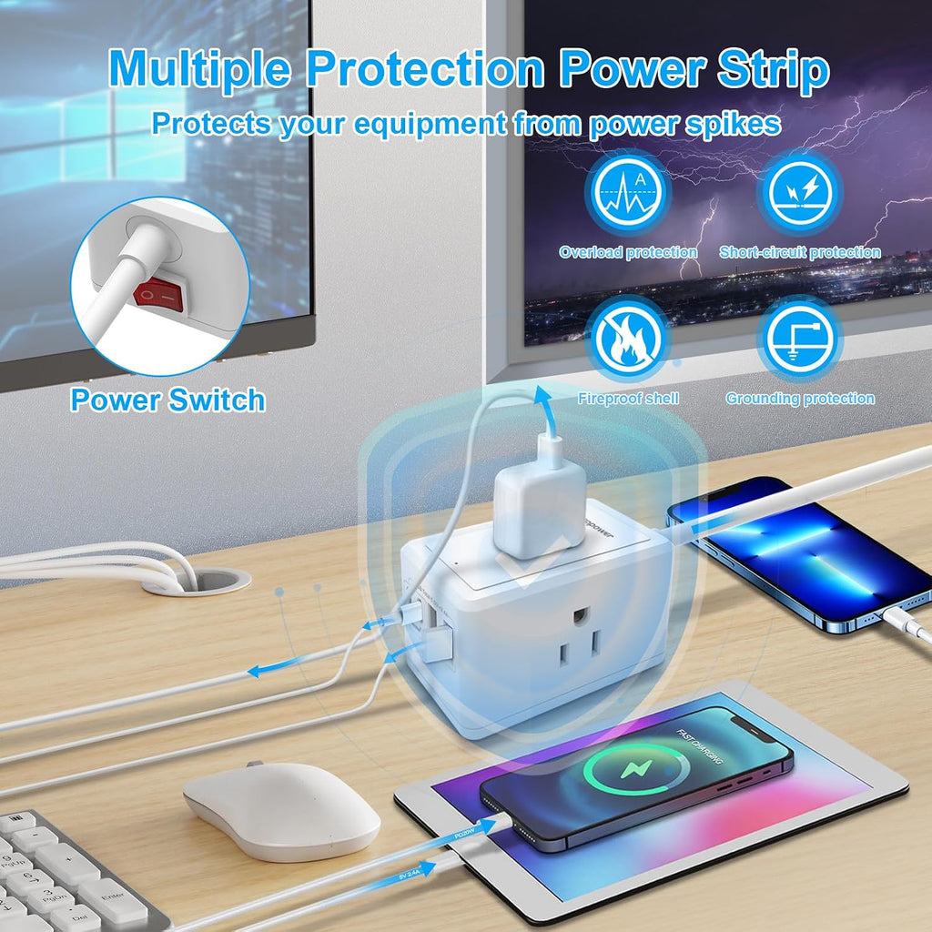 Power Strip with 15 ft Cord-3 Widely Spaced Outlets 4 USB Ports(2 USB C Port,PD20W Fast Charging),Power Strip Long Cord(1250W/10A),Extension Cord 15 ft,White(2 Pack)