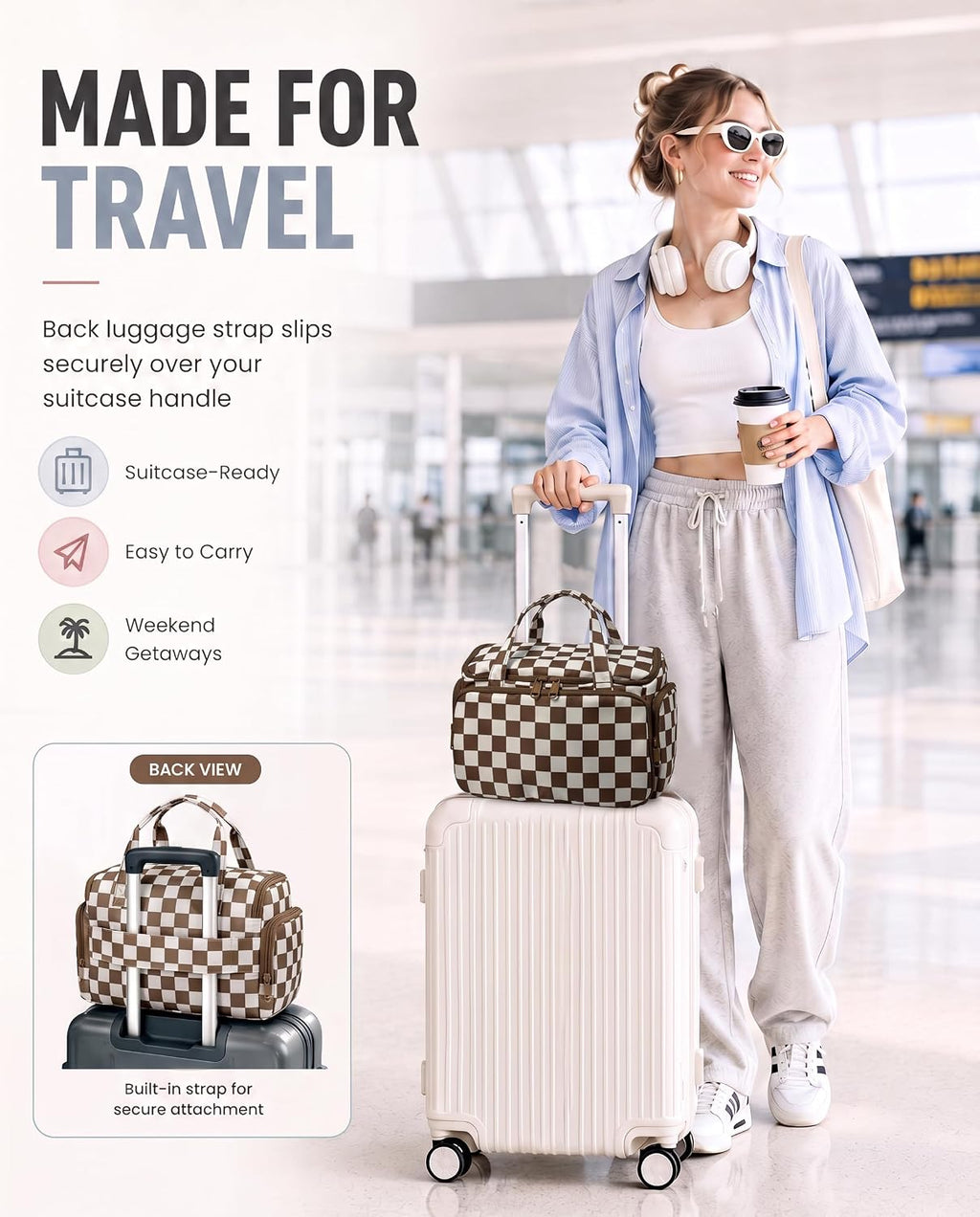 Valentoria Hanging Travel Toiletry Bag,Checkered Large Makeup Organizer Bag for Women(Checkered Coffee)