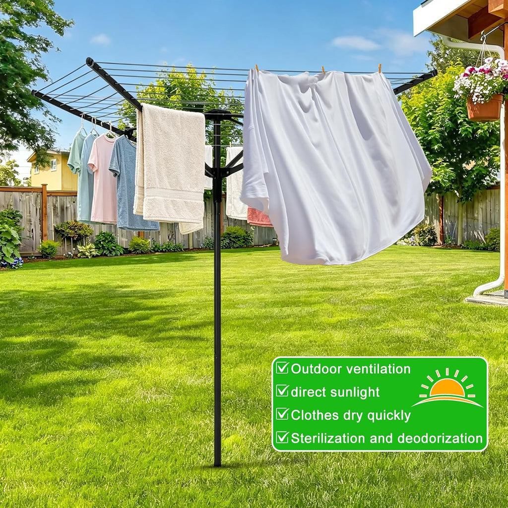Outdoor Umbrella Drying Rack, 12 Lines 165ft Space, Steel Frame Adjustable Height, 4 Aluminum Arms, Collapsible for Yard.
