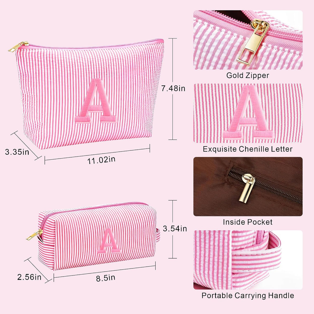 Birthday Gifts for Women - Custom Initial Makeup Bag Set, Portable Makeup Pouch Cosmetic Bag with Zipper, Travel Essentials Toiletry Bag Travel Gifts for Women, Light Pink B