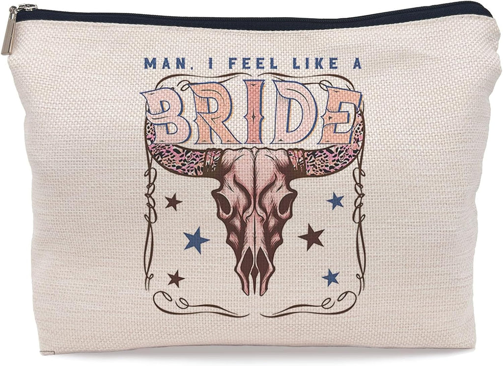 Retro Western Bachelorette Party Nashville Bride Pink Bull Head Skull Makeup Bag,Men I Feel Like a Bride Cosmetic Makeup Bag for Teen Girls Women,Bachelorette Party Gifts Makeup Bag