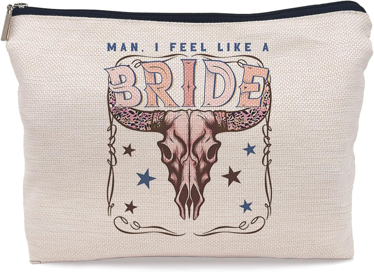 Retro Western Bachelorette Party Nashville Bride Pink Bull Head Skull Makeup Bag,Men I Feel Like a Bride Cosmetic Makeup Bag for Teen Girls Women,Bachelorette Party Gifts Makeup Bag
