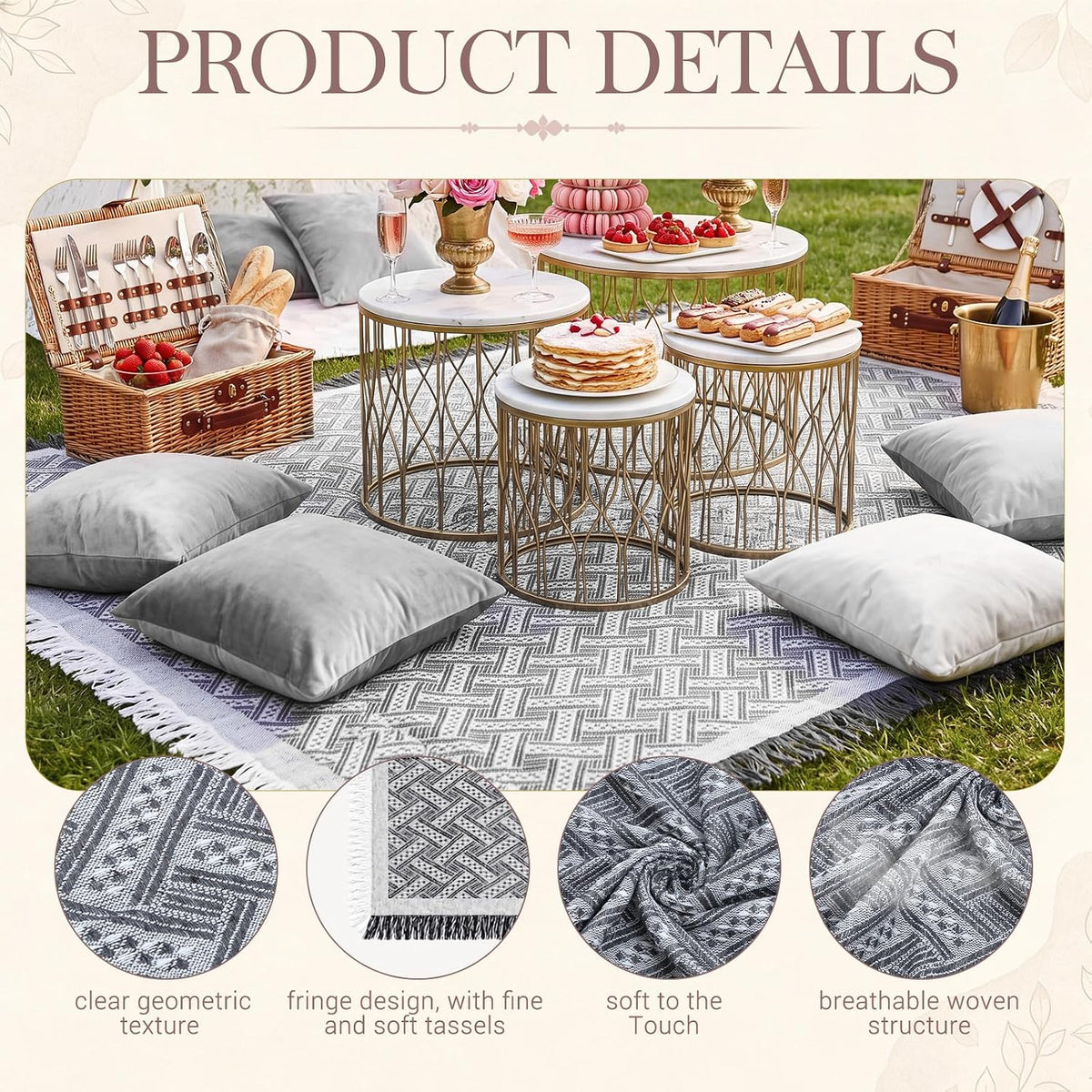1 Pack White Gray Extra Large Picnic Blanket, 71 x 91 Inches