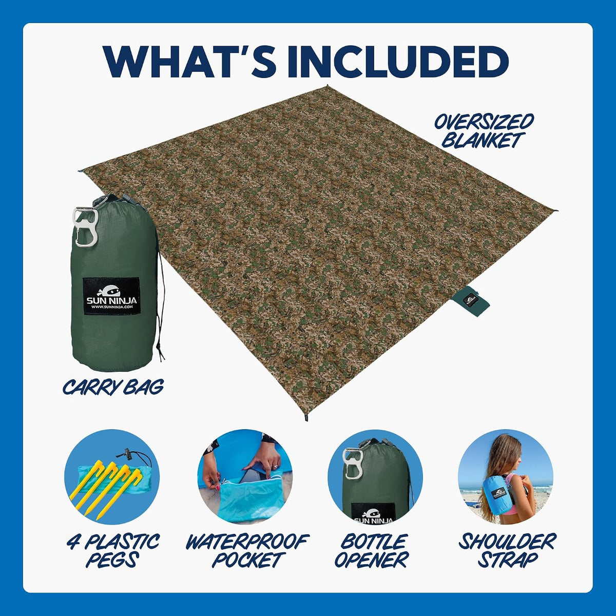 SUN NINJA Sand Free Beach Blanket, Sandproof Beach Mat, 10ft x 9ft, Camo