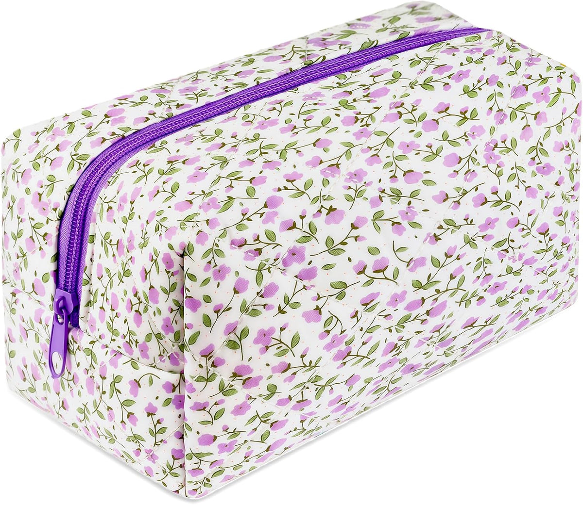 URSKYTOUS Quilted Makeup Bag Floral Large Cosmetic Bag Cotton Puffy Makeup Organizer Coquette Cute Travel Makeup Pouch Kawaii Aesthetic Portable Toiletry Storage Bag for Women Girls (Purple)