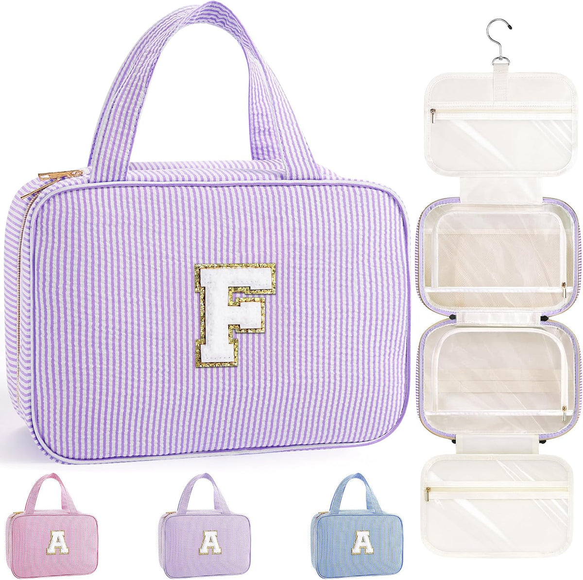 TOPEAST Gifts for Friends - Friendship Gifts for Women, Travel Toiletry Bag for Women, Hanging Toiletry Bag, Monogrammed Initial Toiletry Pouch Makeup Bag - Letter F, Purple